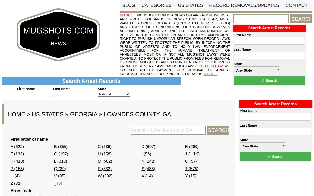 Unofficial Mugshots.com Lowndes County historical crime record page