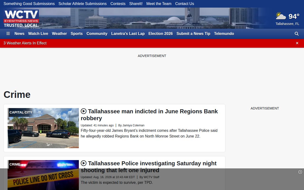 WCTV regional crime news page covering Valdosta and Lowndes County events