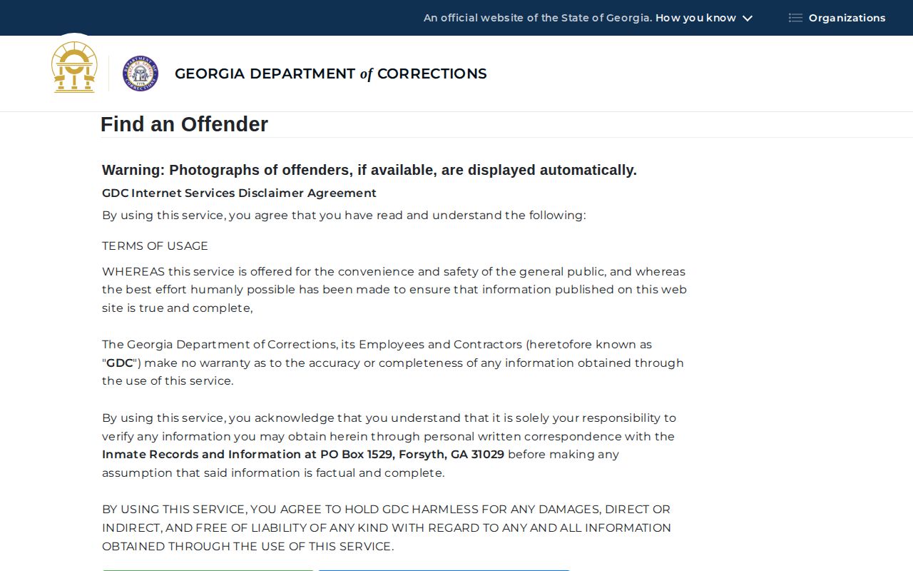 Georgia Department of Corrections offender search interface for state custody records